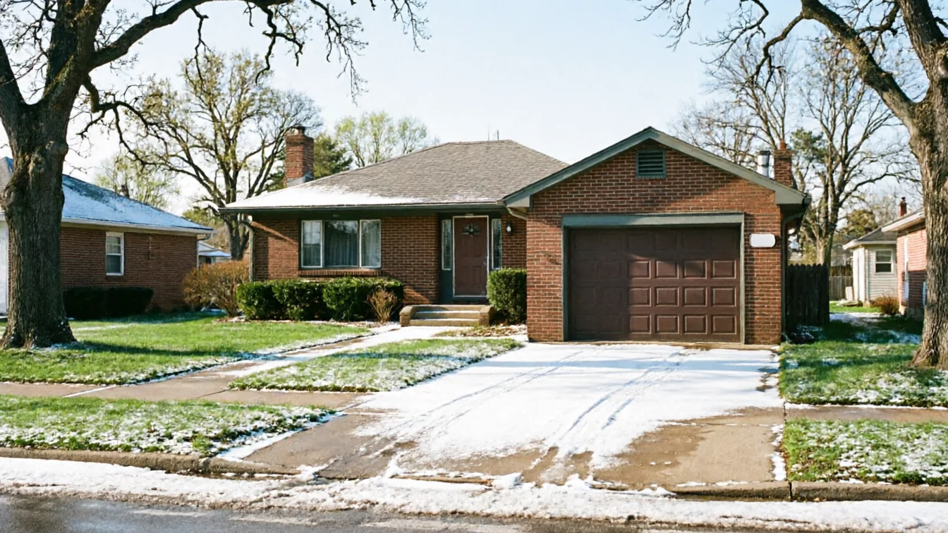 A brick house with a brown garage door and a snow-dusted driveway.