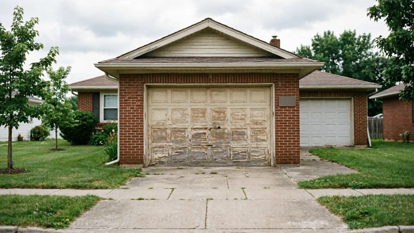 The house has a peeling garage door and a white garage door.