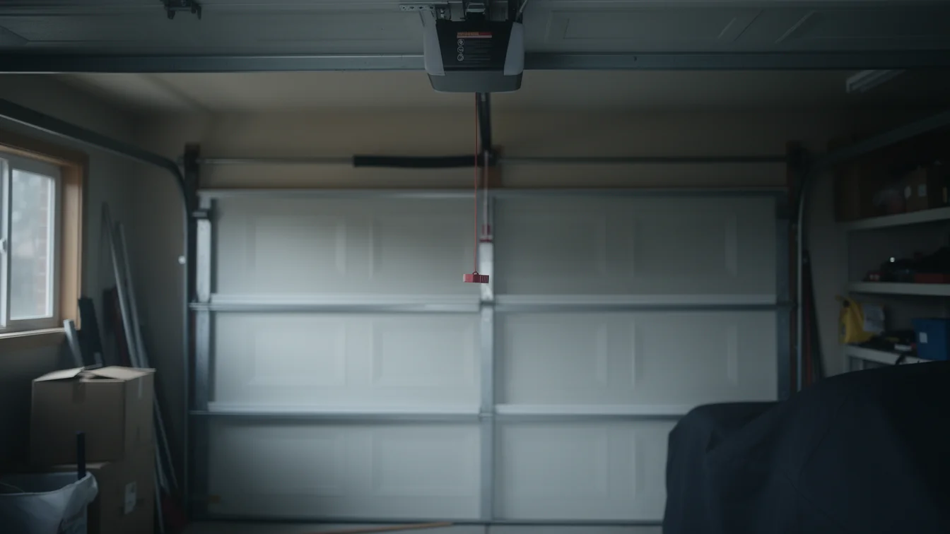A white garage door is closed with an opener and torsion spring visible.