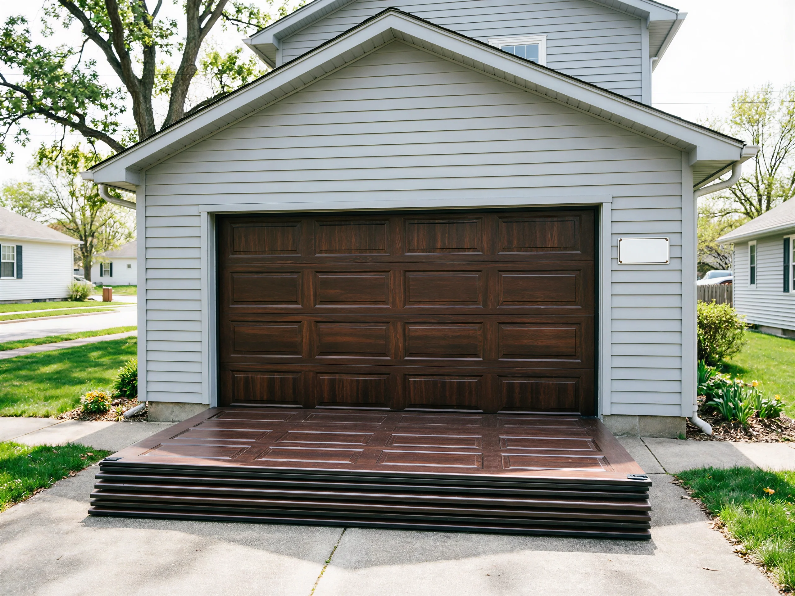 A brown garage door is installed with new panels stacked on the driveway.