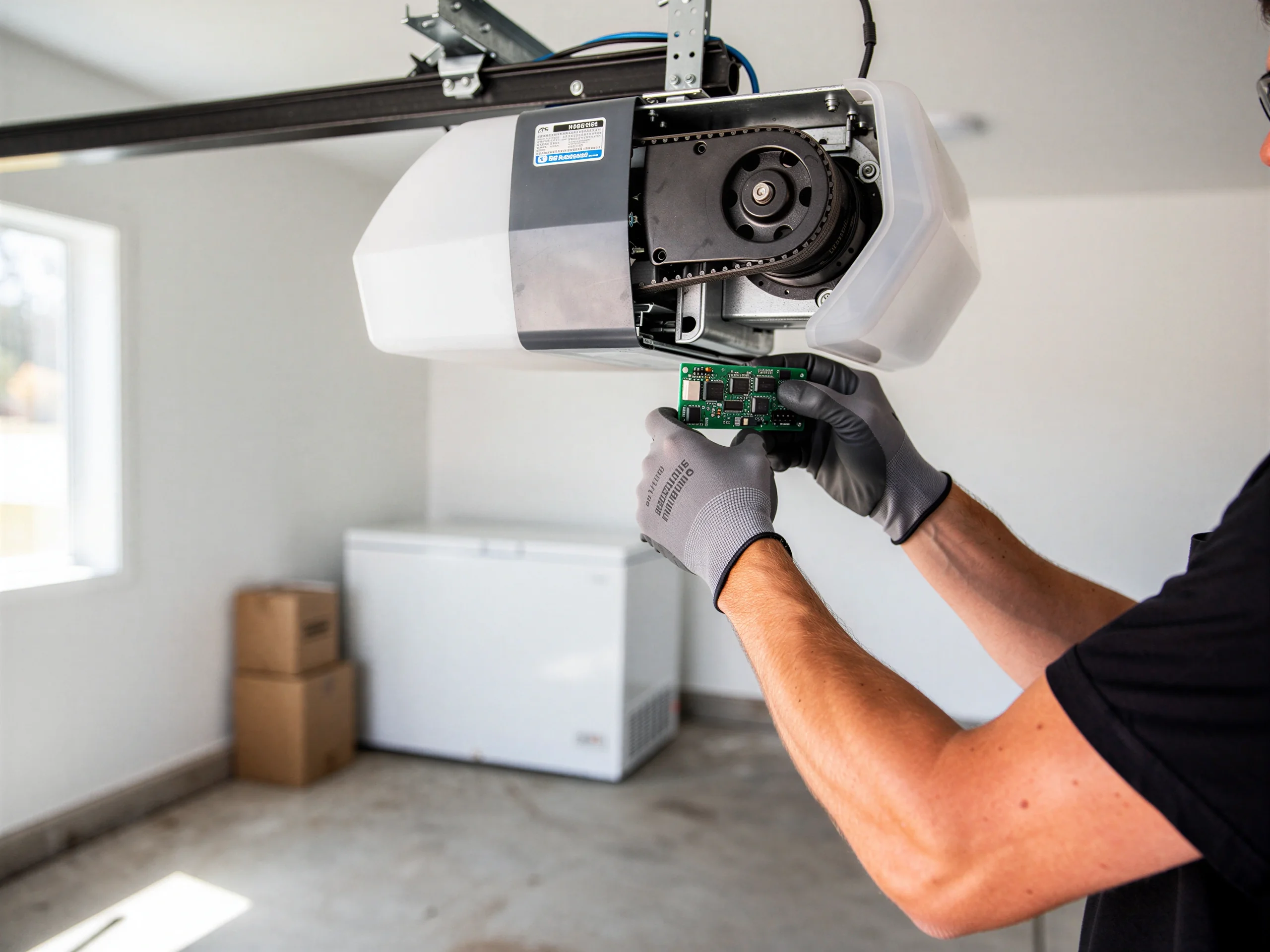 A technician in gloves holds a circuit board near a garage door opener.